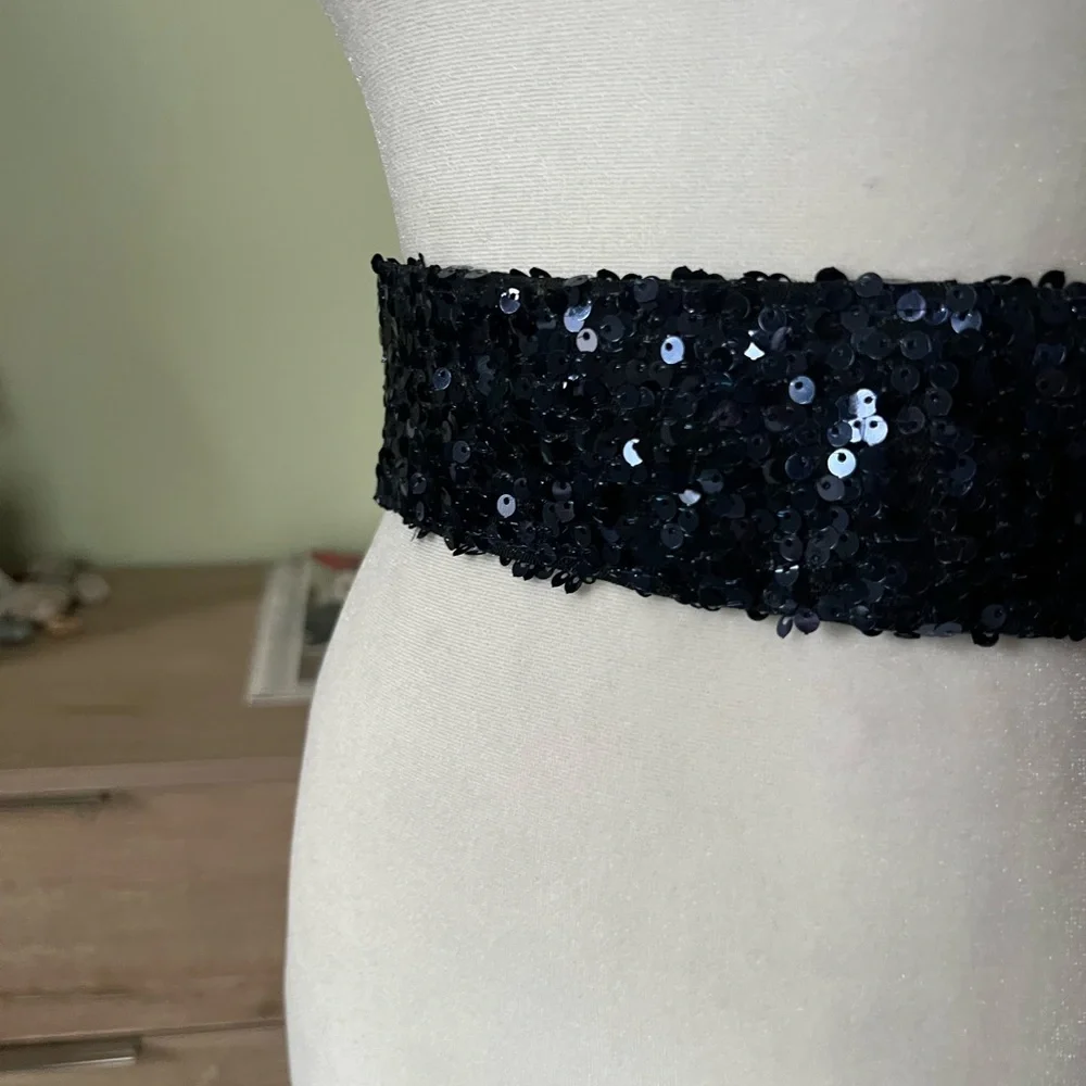 Navy Blue Sequin Shiny Bejeweled Thick Chunky Elastic Stretch Comfy Belt Accesso